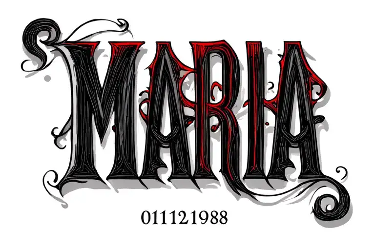 Date 01121988 In Roman Numerals In Black In And Name Maria In Cursive In Red Ink