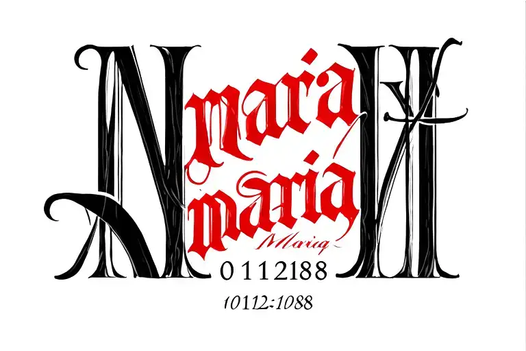 Date 01121988 In Roman Numerals In Black In And Name Maria Inside Of Numbers In Red Ink Cursive