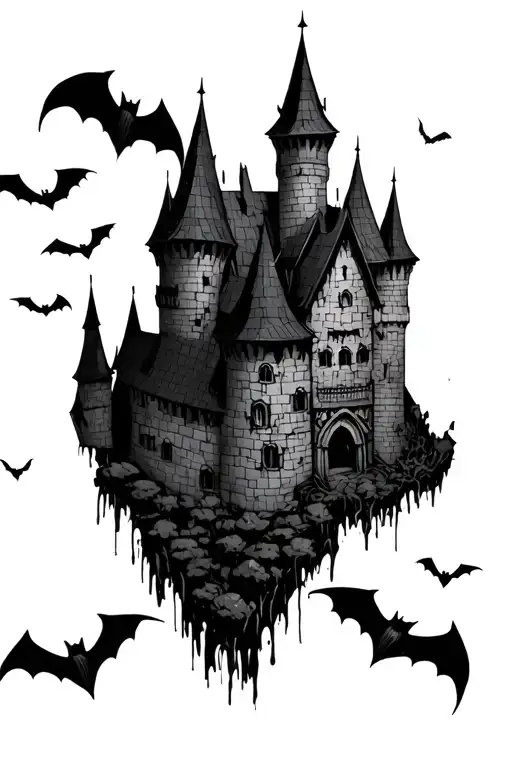 Dracula Castle With Bats Flying Above It