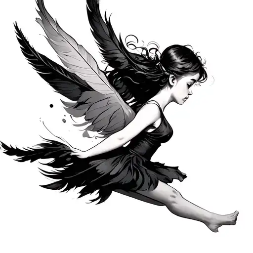Girl Flying With Feathers Minimal Tattoo Design Featuring