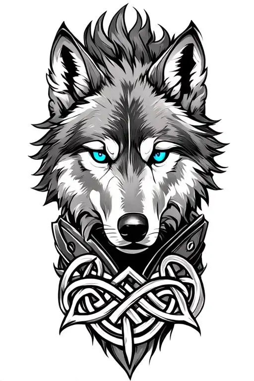 Wolf With Blue Eyes On Armor Tattoo Design Featuring Celtic Trinity Knot