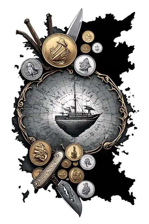 A Sea Chart On The Map Is Coins And Knives