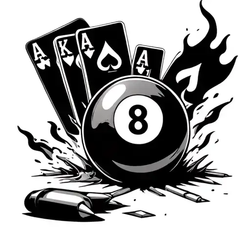 An 8 Ball With A Bullet Hole Through The Side With Ace Cards Behind While On Fire