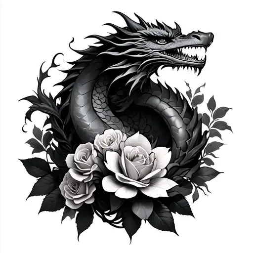 Dragon Wrapped With Magnolias And Roses