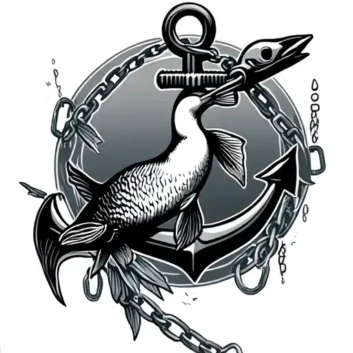 Anchor With Chains And Loon And Pieces Fish Jumping