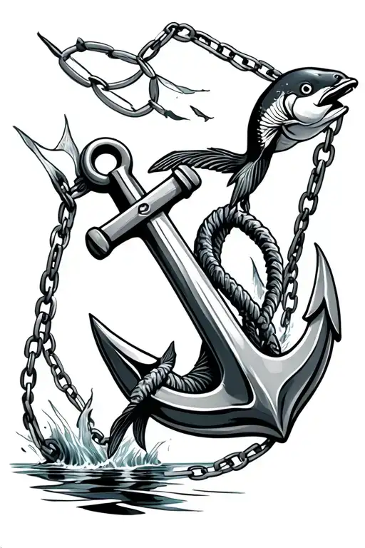 Anchor With Chains And Loon And Pieces Fish Jumping