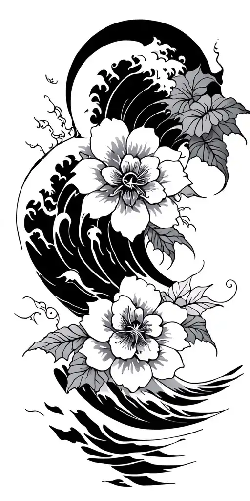 Traditional Japanese Wave With Flower And Compass Rose