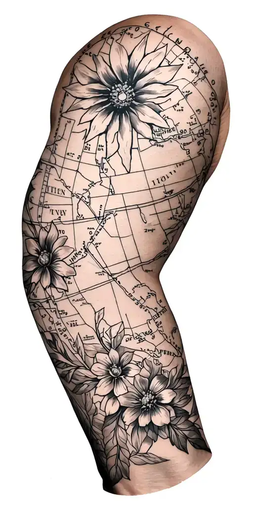 Simple Arm Sleeve With Compas Map Lines And Flowers