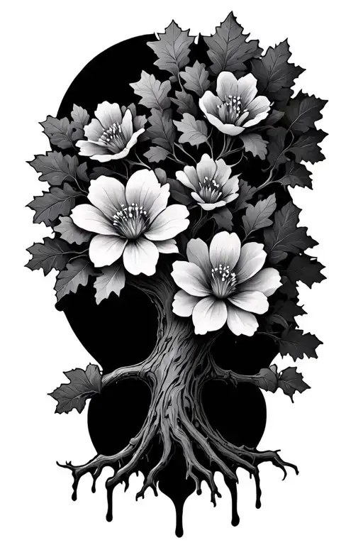 Oak Tree Of Life 2 Branches Blooming Flowers Made Of Blood