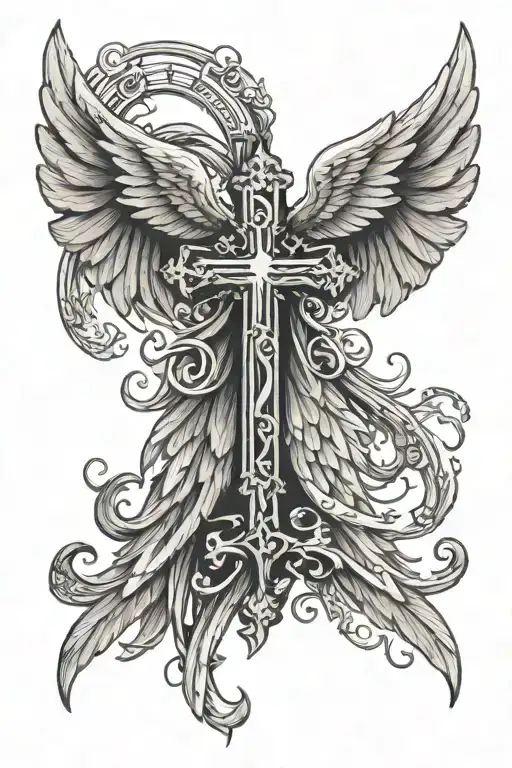 Angel Wing Left Side Catholic Cross In The Middle And Devil Wing On The Right Side