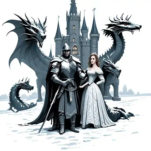 Knight In Front Of Castle With Prince And Princess And Dragons With Snow