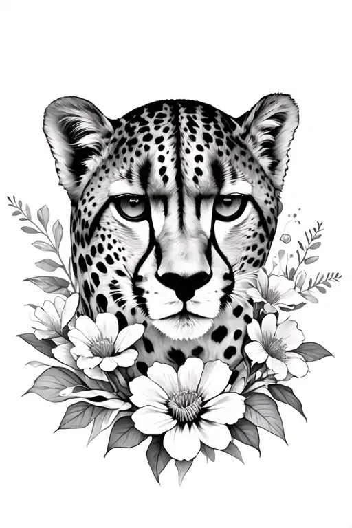 Realistic Cheetah Surrounded By Flowers
