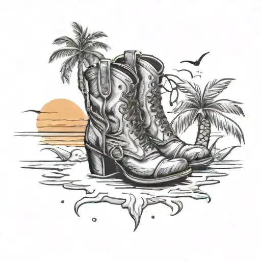 Beach Sunset Palm Tree Pair Of High Heel Boots Laying