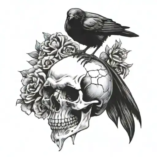 A Gothic Style Crow Ontop Of A Skull
