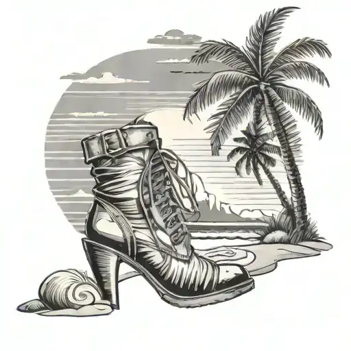 Beach Landscape Sunset Palm Tree With High Heel Boots Laying At Shoreline