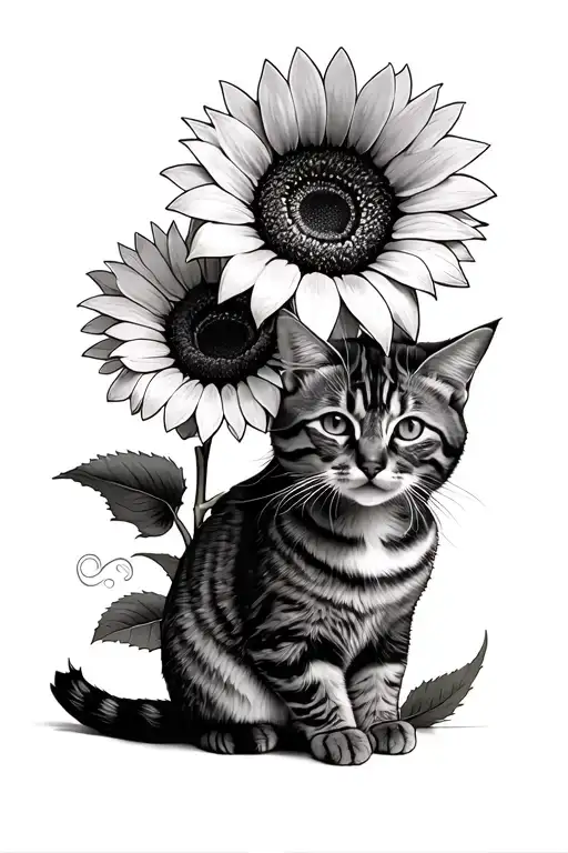 2 Sunflowers With The Back Of A Tabby Cat Somewhere