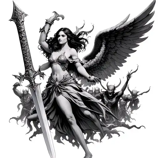 Beautiful Female Angel With Big Shiney Sword Fighting Satan And Army Of Demons