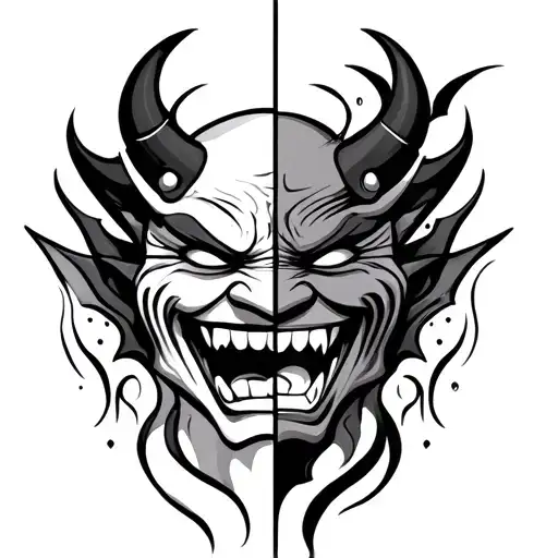 Oni Mask Split Where One Side Is Smiling And The Other Side Is Crying