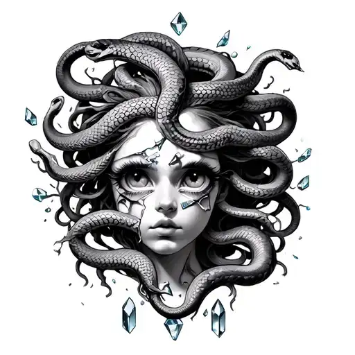 Medusa Tattoo That Has 8 Snakes Bandaged Eyes And That Drops Of Eyes And Broken Crystals Around