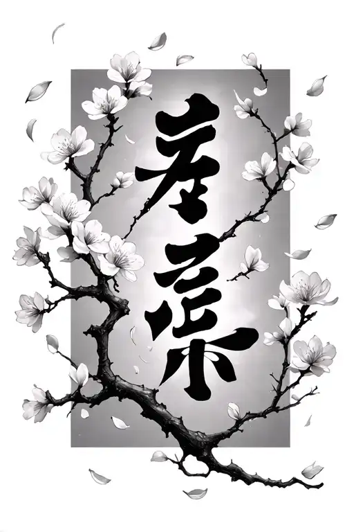 Cherry Blossom Tree Branch And Petals Falling Amongst Japanese Characters