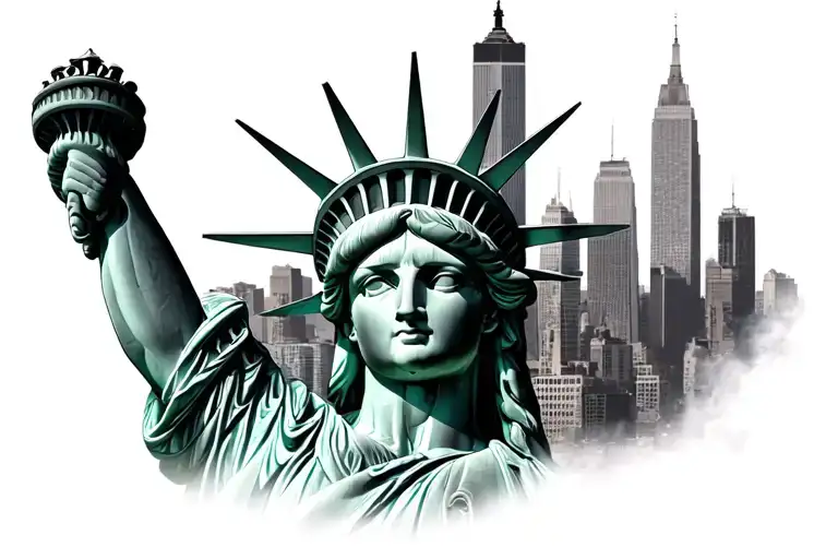 New York Skyline And Statue Of Liberty Face Merged