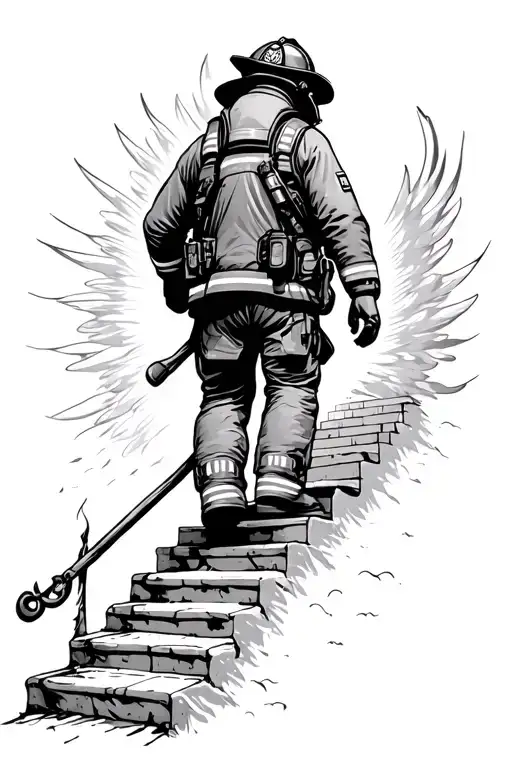 Firefighter Walking On Stairway Leading To Heaven