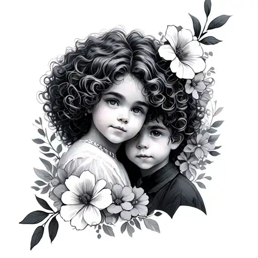 Curly Hair Mother And Curly Hair Son With Flowers Around It