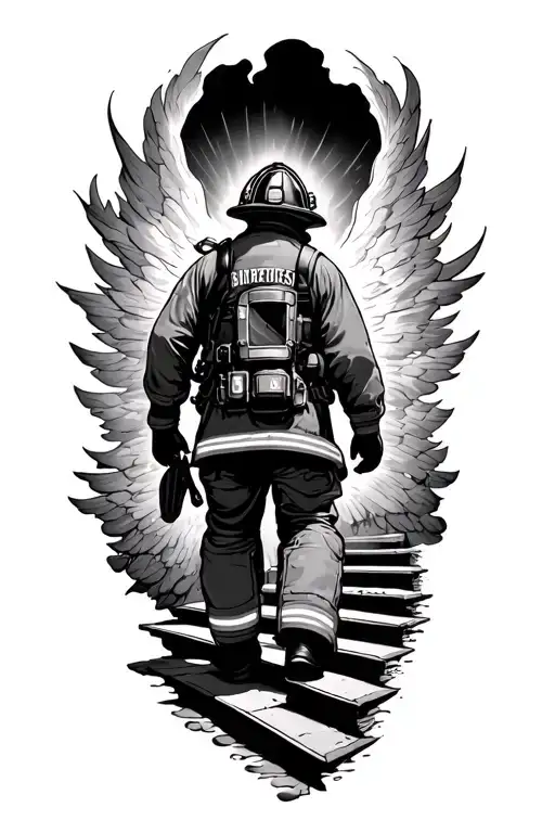 Firefighter Walking On Stairway Leading To Heaven