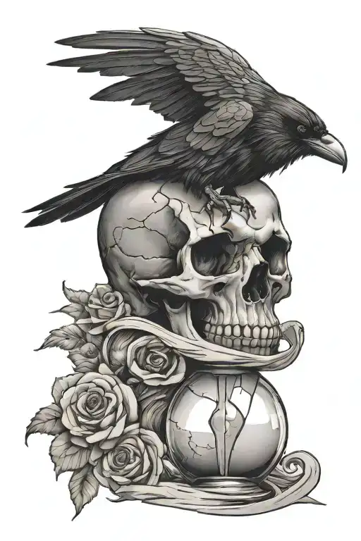 A Raven On A Skull With An Hour Glass With Sand