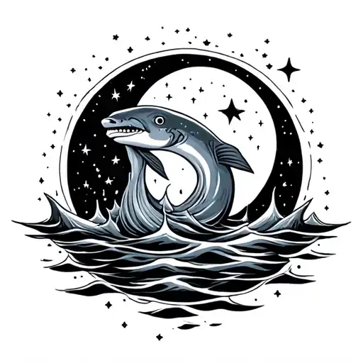 Posidon In Water And Moon In Sky With Stars Forming