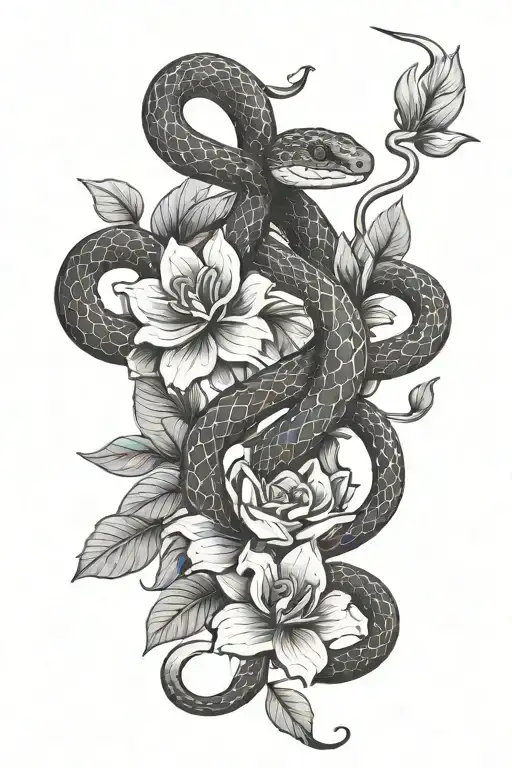 Snake With Flowers And Leaves Intertwined