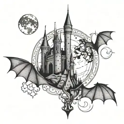 Gothic Castle Moon Bats Geometric Ornate