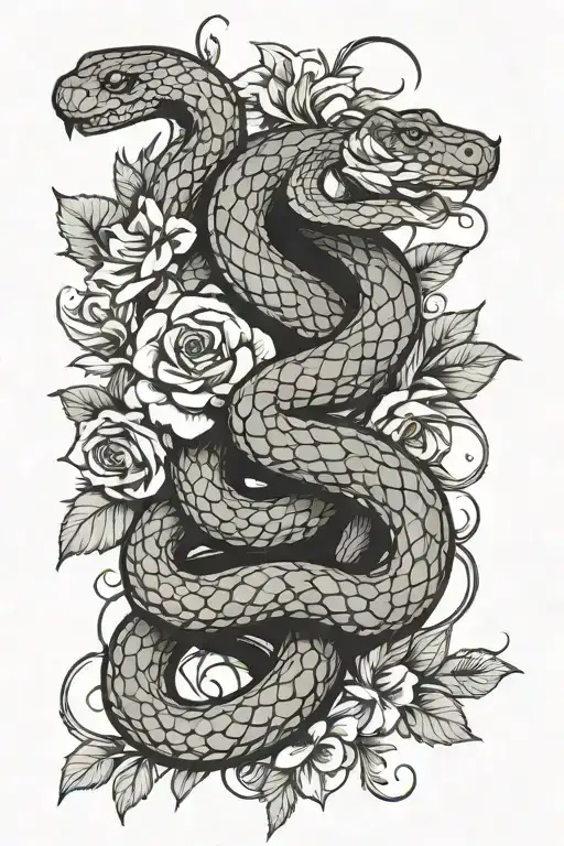 Snake With Flowers And Leaves Intertwined
