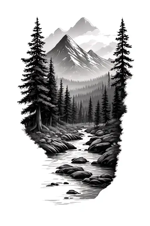 Forest With River Flowing And Mountain In Background