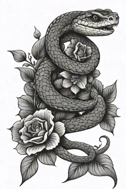 Snake With Flowers And Leaves Intertwined