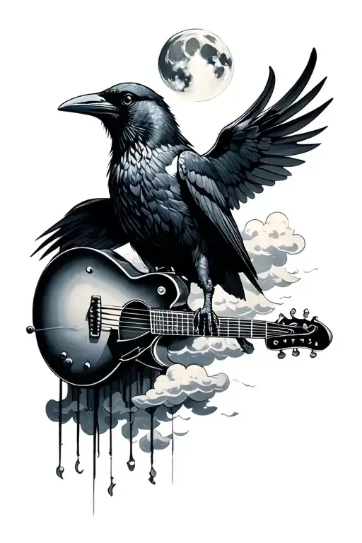 Crow Guitar Clouds Moon Rising