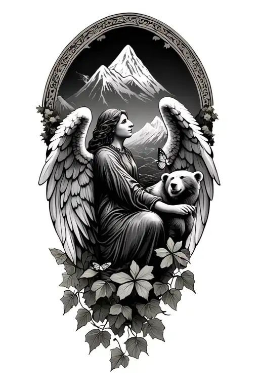 Arch Angel Overlooking Mountains With A Bear And Butterfly On Ivy Leaves