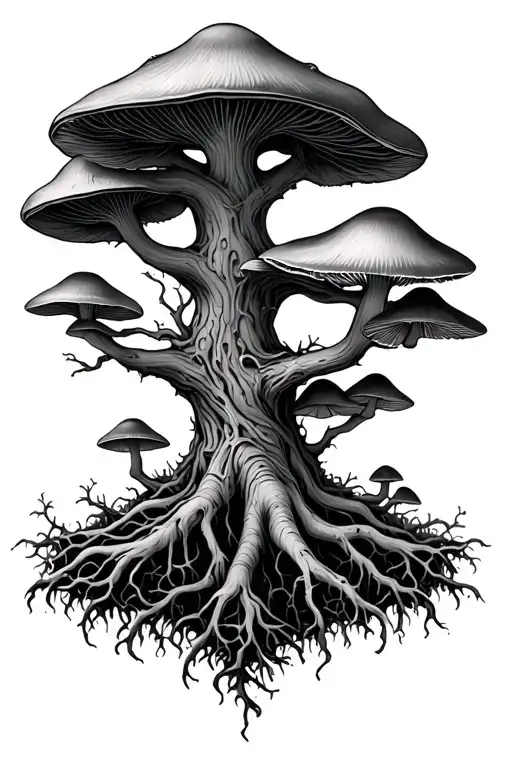 Tree Of Life With Mushrooms And Mycelium Roots Encaging