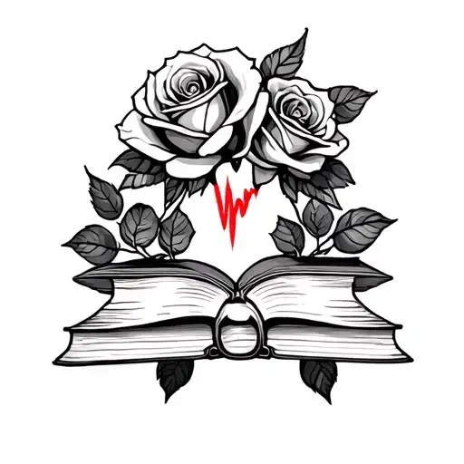 Books And Roses With A Heartbeat Line Through The Center