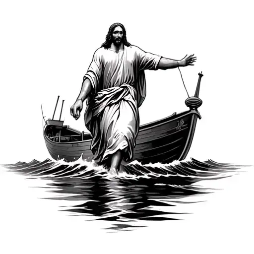 Jesus Walking On Water Towards The Boat In The Storm