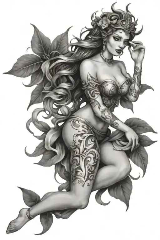 Sexy Goddess Thigh Tattoo Drawing On Plain White Background