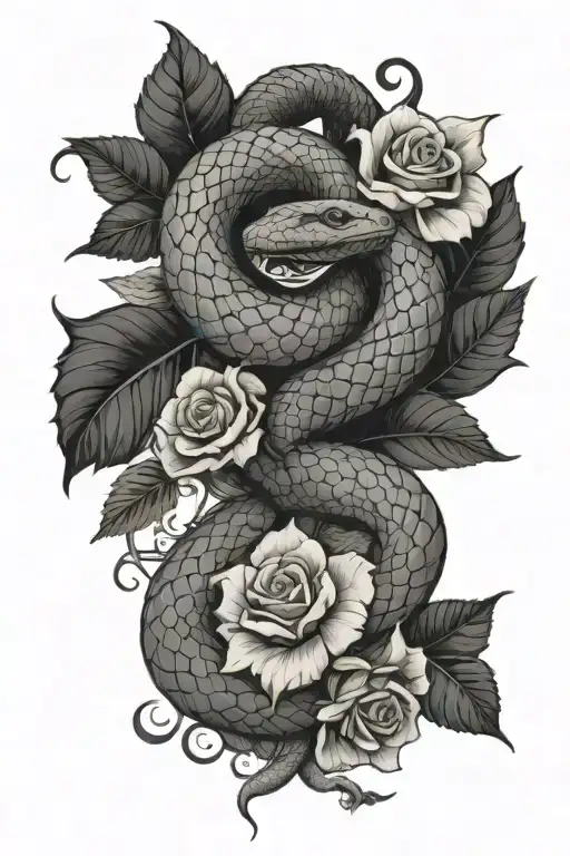 Snake With Flowers And Leaves Intertwined