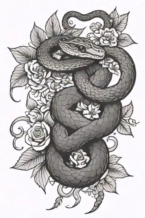 Snake With Flowers And Leaves Intertwined