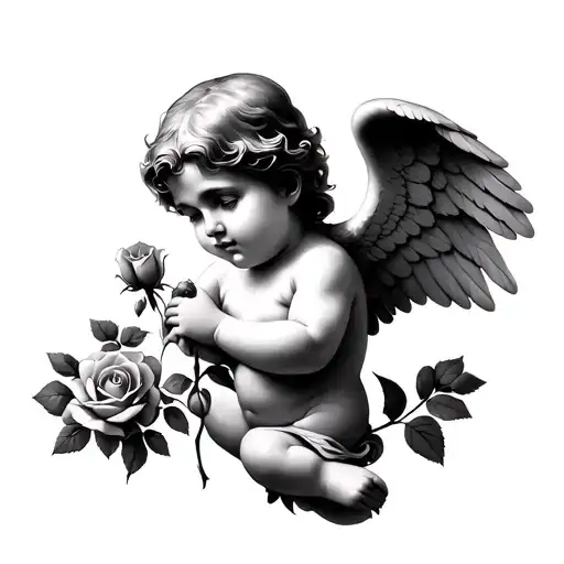 Realistic Cupid Holding One Single Rose