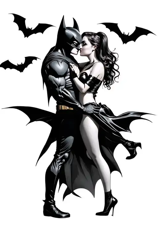 Realistic Batman Kissing Harley Quin Passionately With Bats Flying In Background
