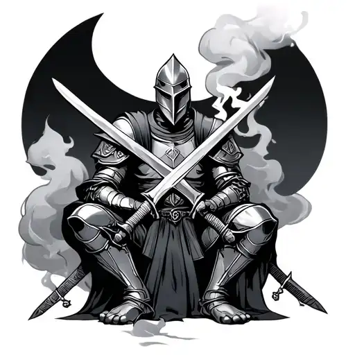 Knight Sitting Down With Two Swords Crossed And Smoke Coming Out Of His Mouth