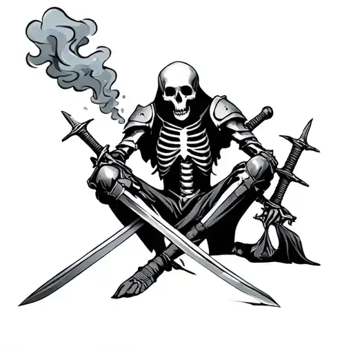 Skeleton Knight Sitting Down With Two Swords Crossed And Smoke Coming Out Of His Mouth