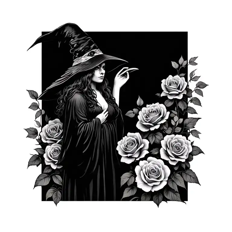 Witch With Crow Standing Roses Growing
