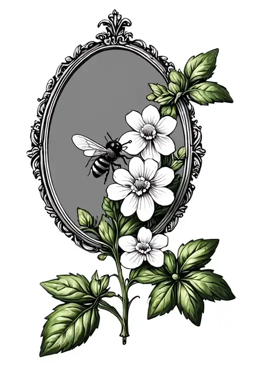 Flowering Sprigs Of Basil With A Bee In An Antique Oval Frame