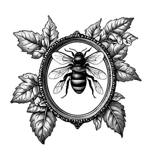 Flowering Basil Sprig With A Bee In An Antique Oval Frame